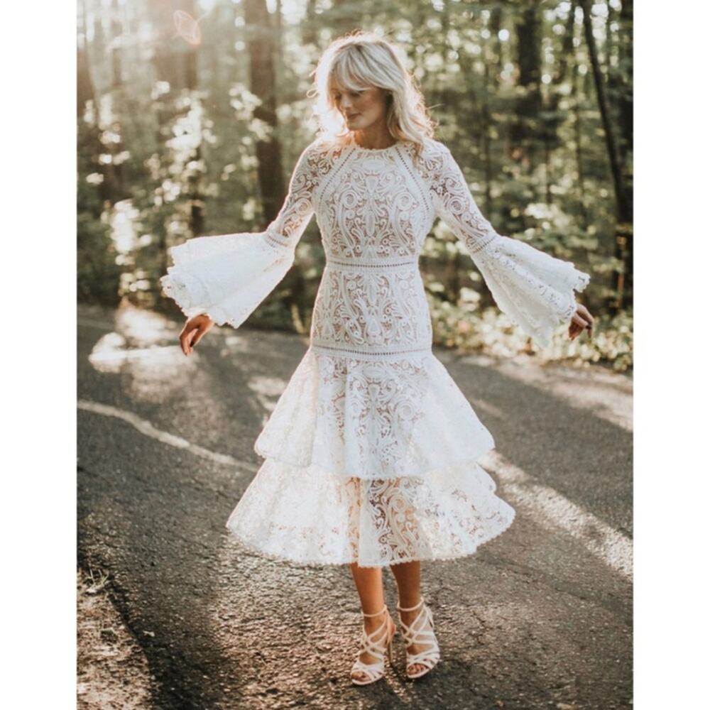 STYLEWE White Lace Tiered Midi Dress